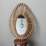 Asymmetrical vintage rattan wicker bamboo sun mirror Scandinavian craftsmanship