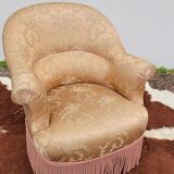 Fauteuil crapaud fleuri à franges ancien - 1930s