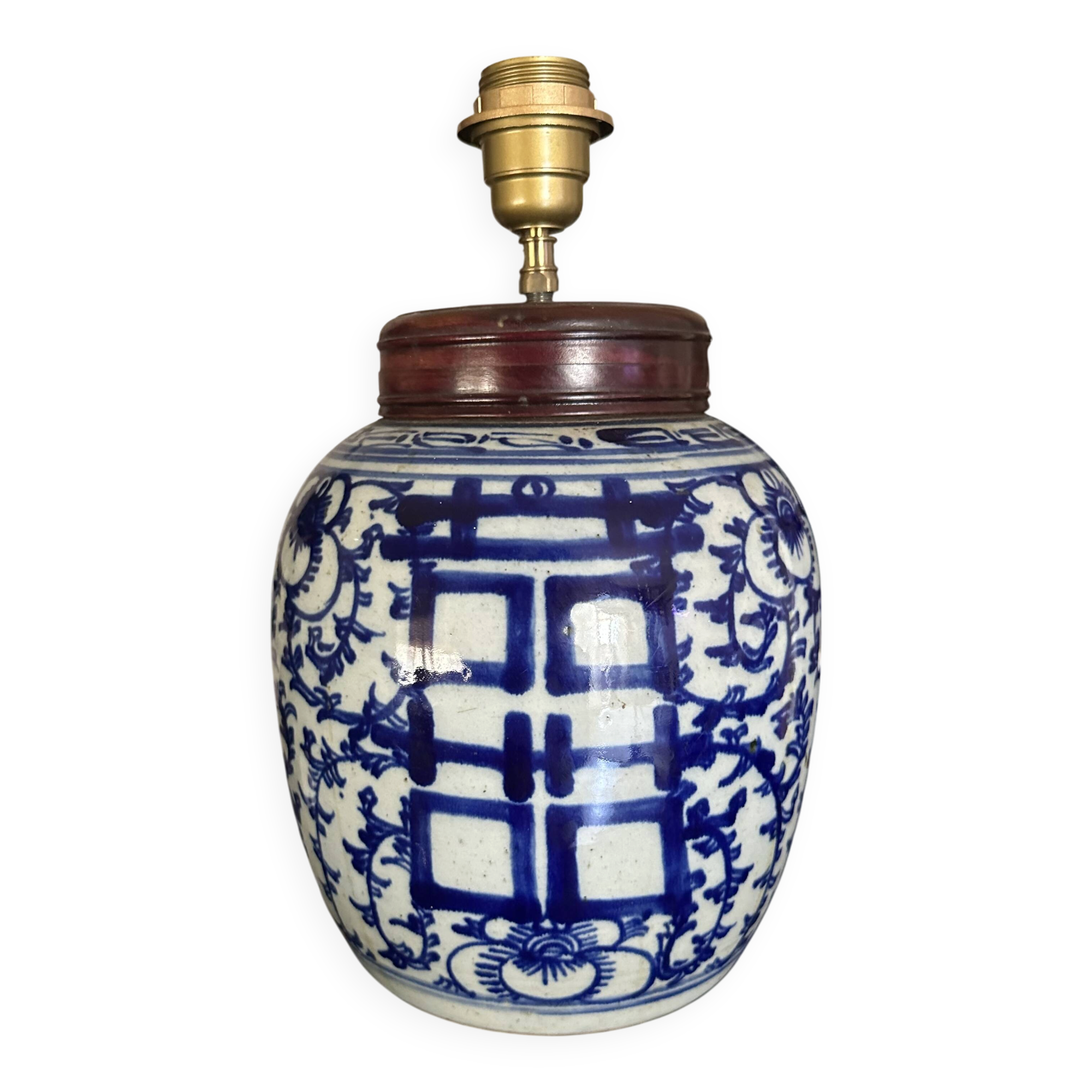 Lampe asiatique en céramique blanche et bleue, début 20ème