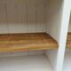 Craft furniture enhanced in pearl gray, shelves and top in raw wood.