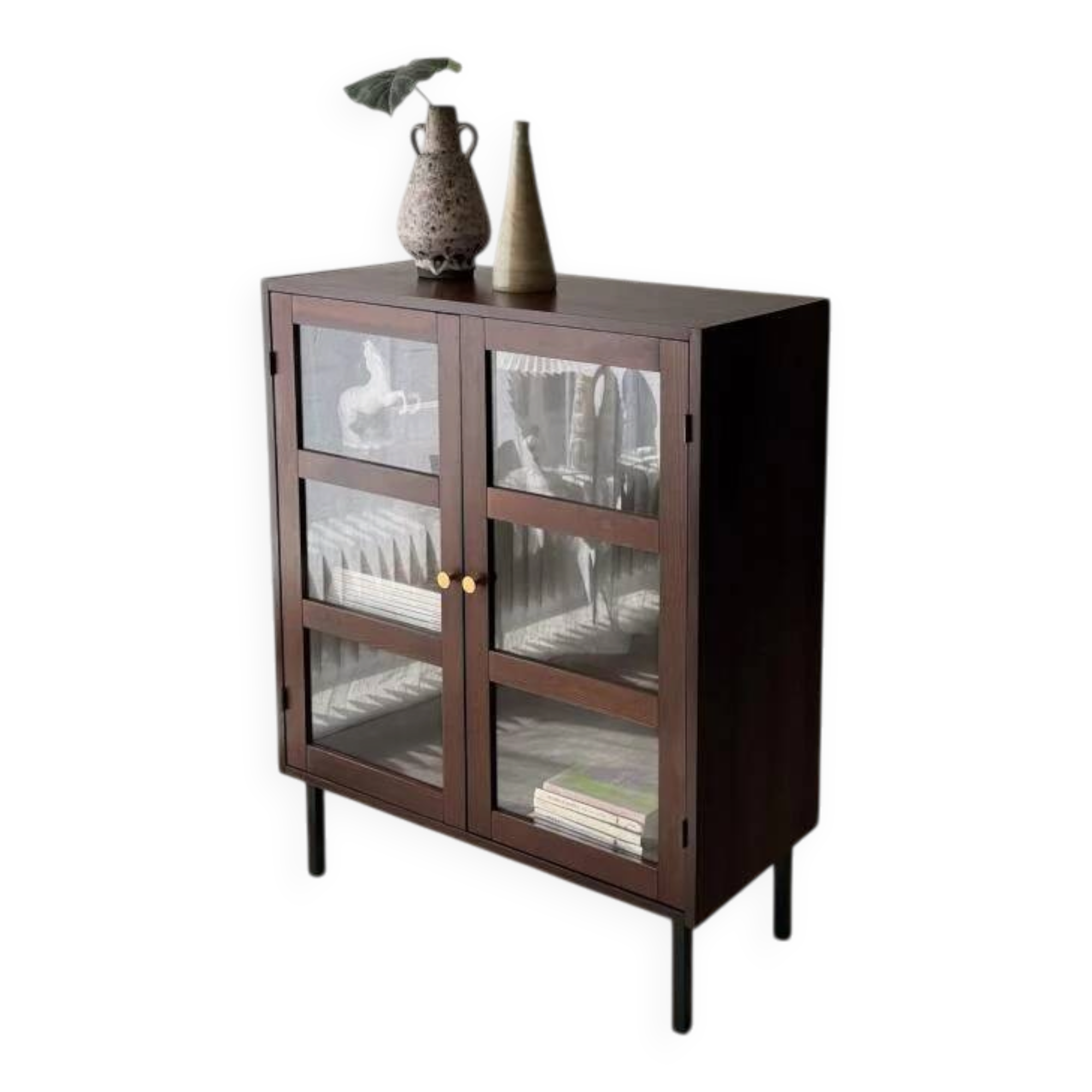 Mid-century display cabinet dark wood glass
