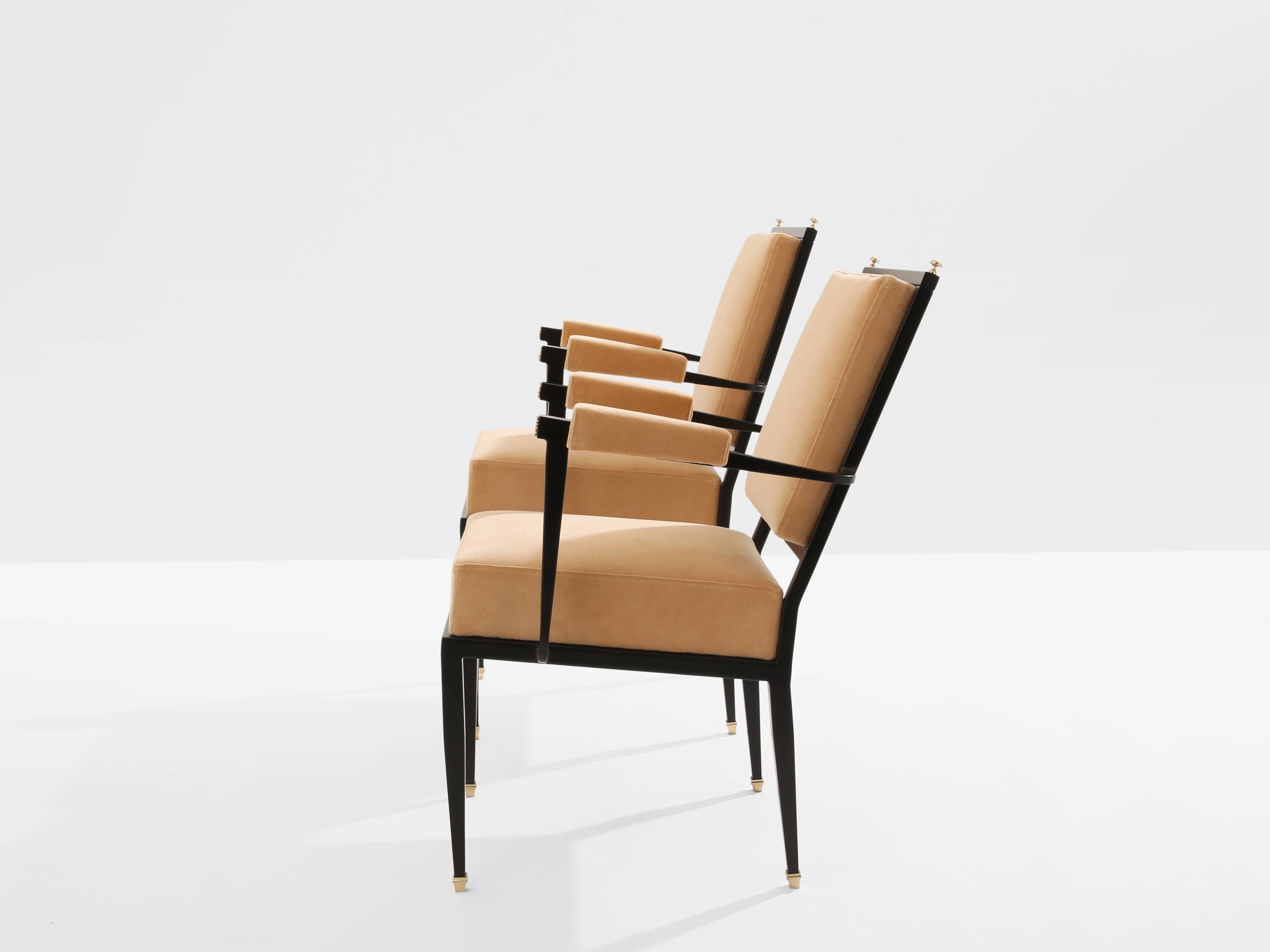 André Arbus attributed neoclassical armchairs metal bronze velvet 1940