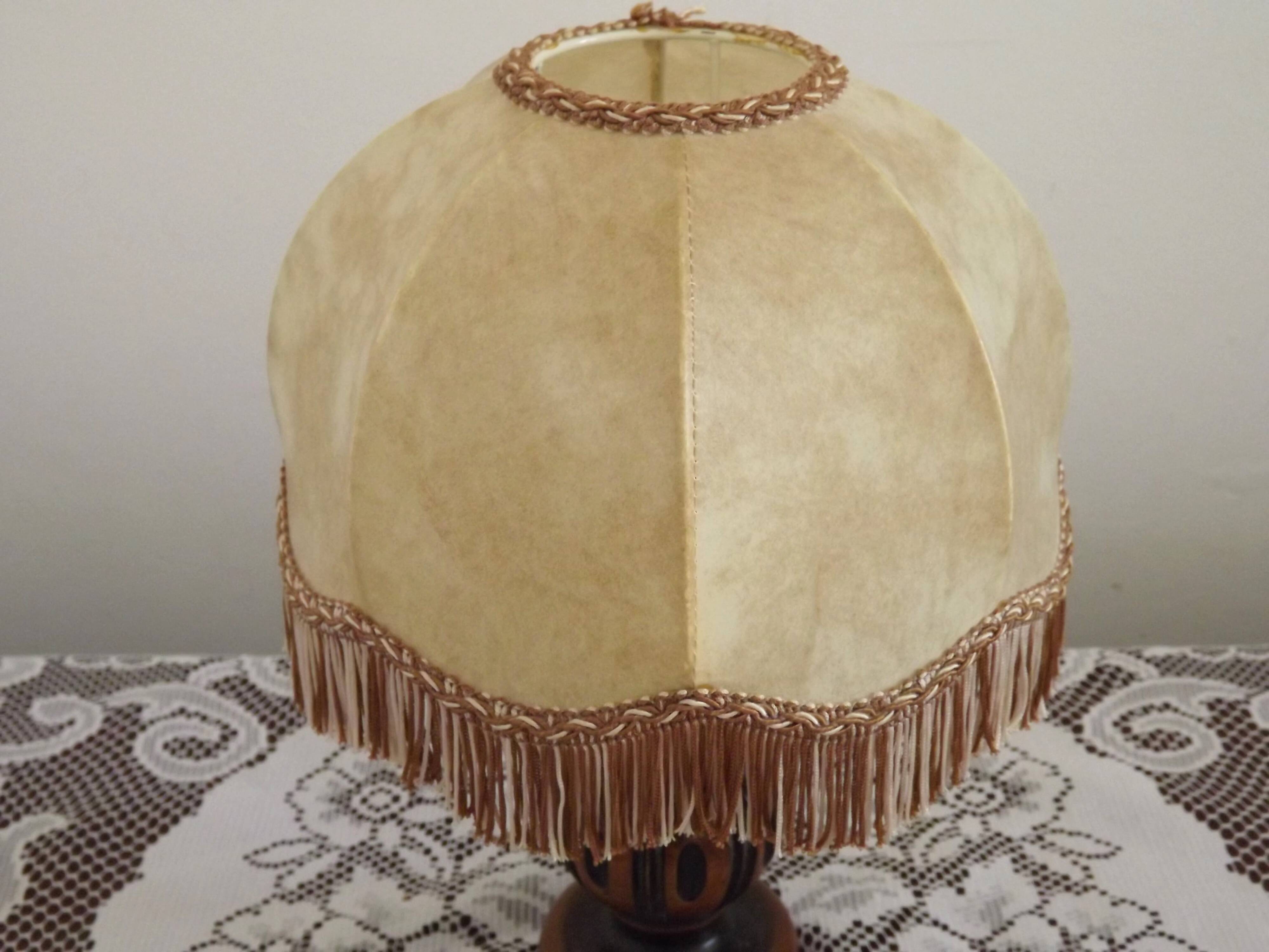 French Mid Century Round Turned Wood Grooved Table Lamp Hide Skin Shade