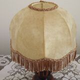 French Mid Century Round Turned Wood Grooved Table Lamp Hide Skin Shade