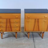 Mid-century bedside tables with ash veneer and black glass by František Mezulánik, Nový Domov, Czechoslovakia, 1970s.