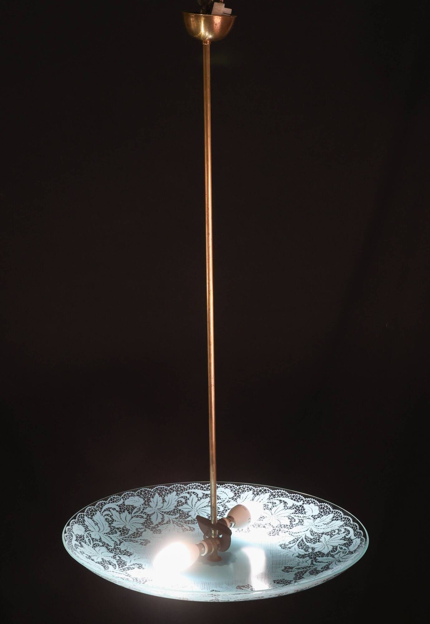 Italian Vintage Floral Glass and Brass Pendant Chandelier, Mid-Century, 2 L