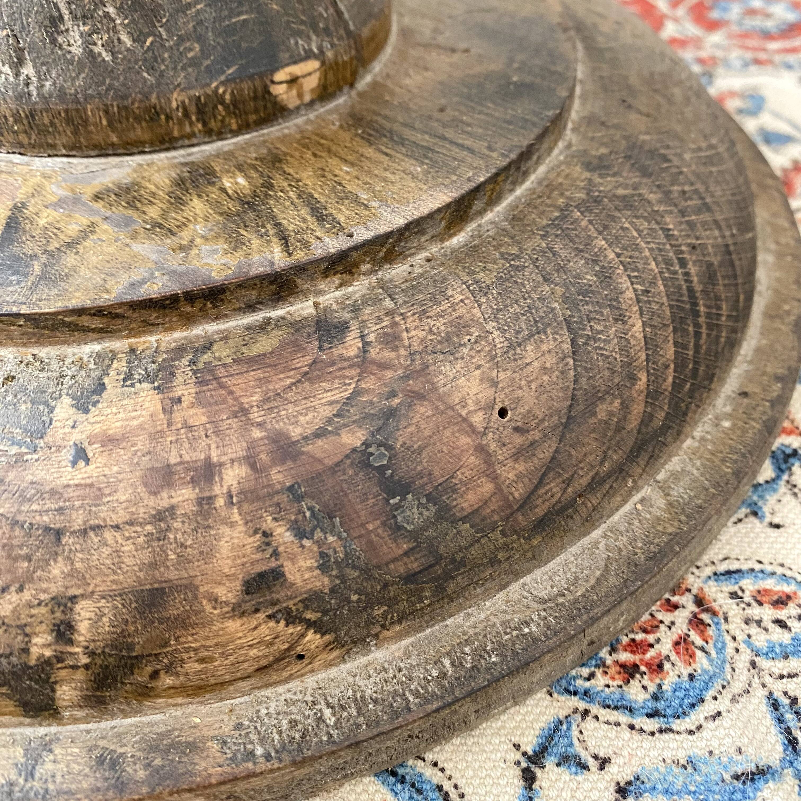 Antique pedestal table, column base, press screw, handcrafted piece.