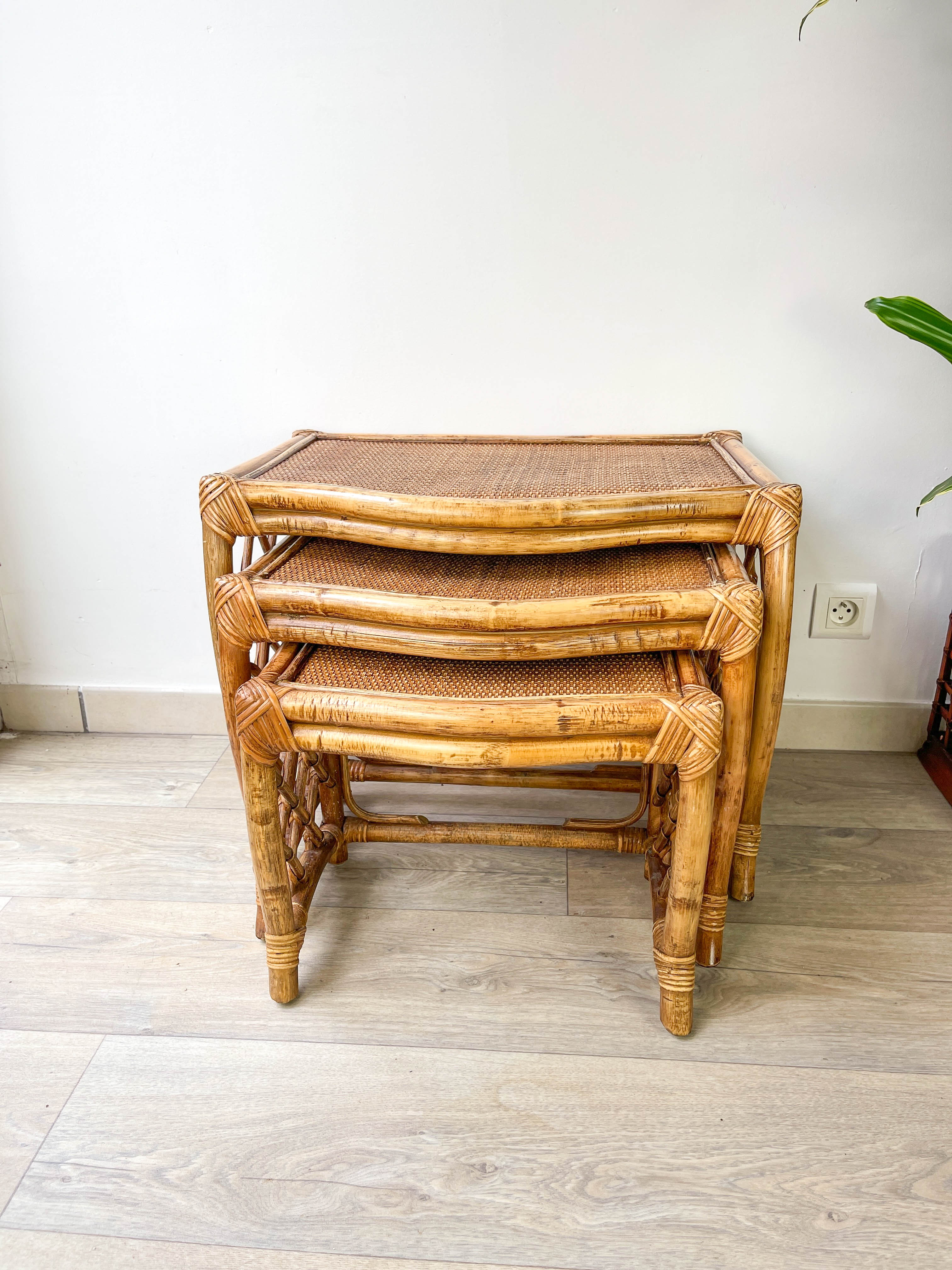 Vintage trundle tables in bamboo and rattan
