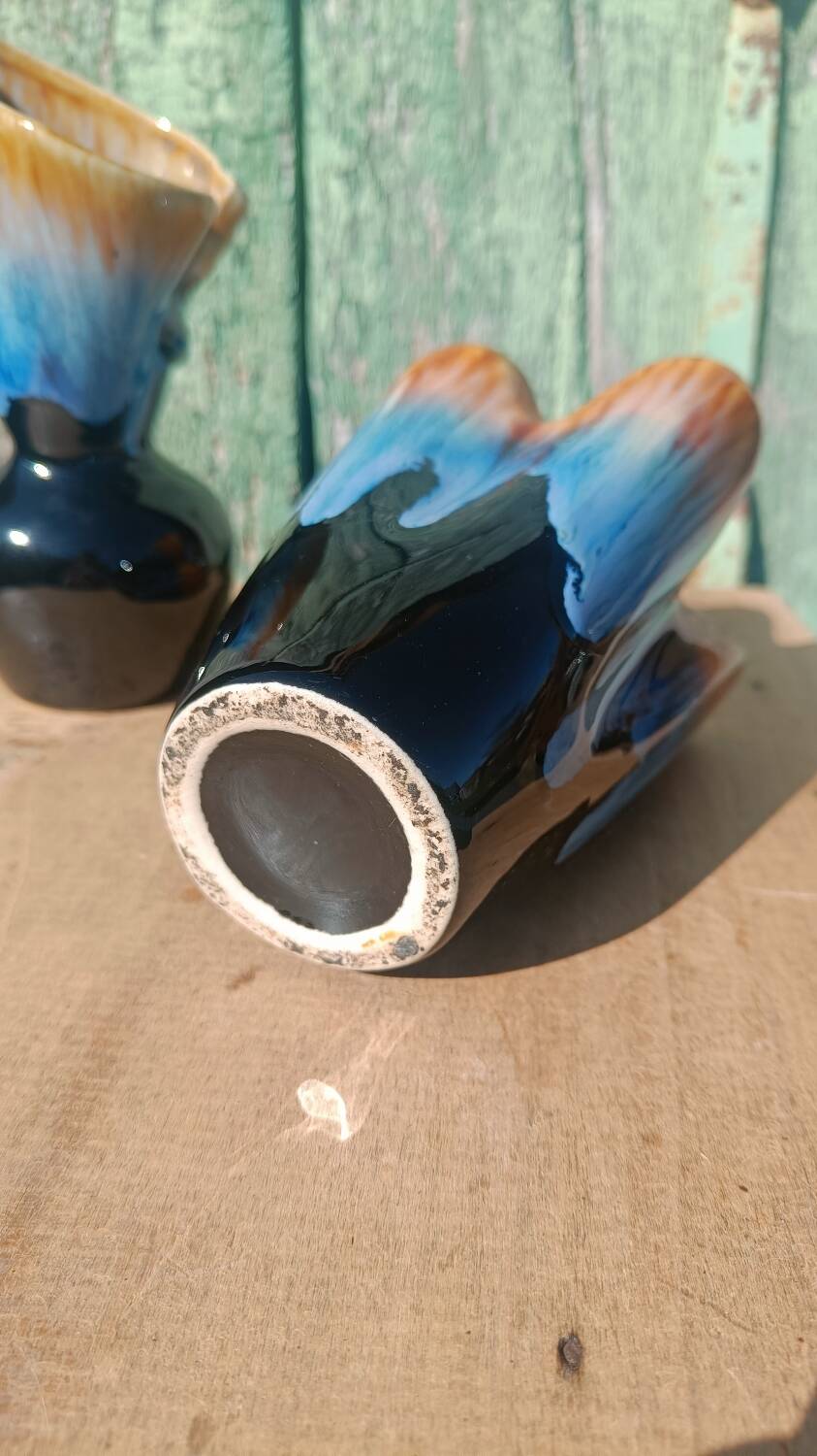 "Pair of vintage glazed ceramic vases – blue flamed glaze – ann"