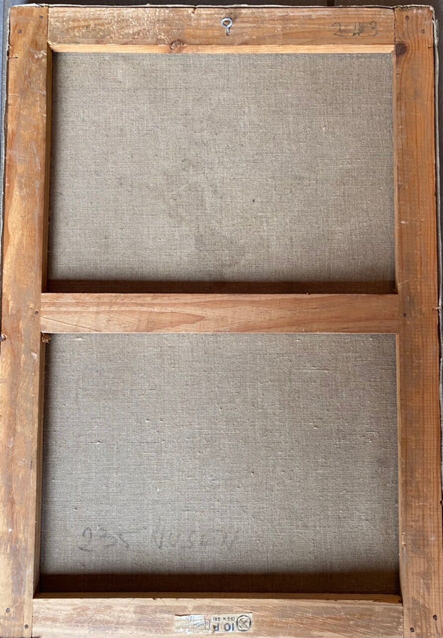 Antique painting, still life with blue vase and flowers, mid-20th century