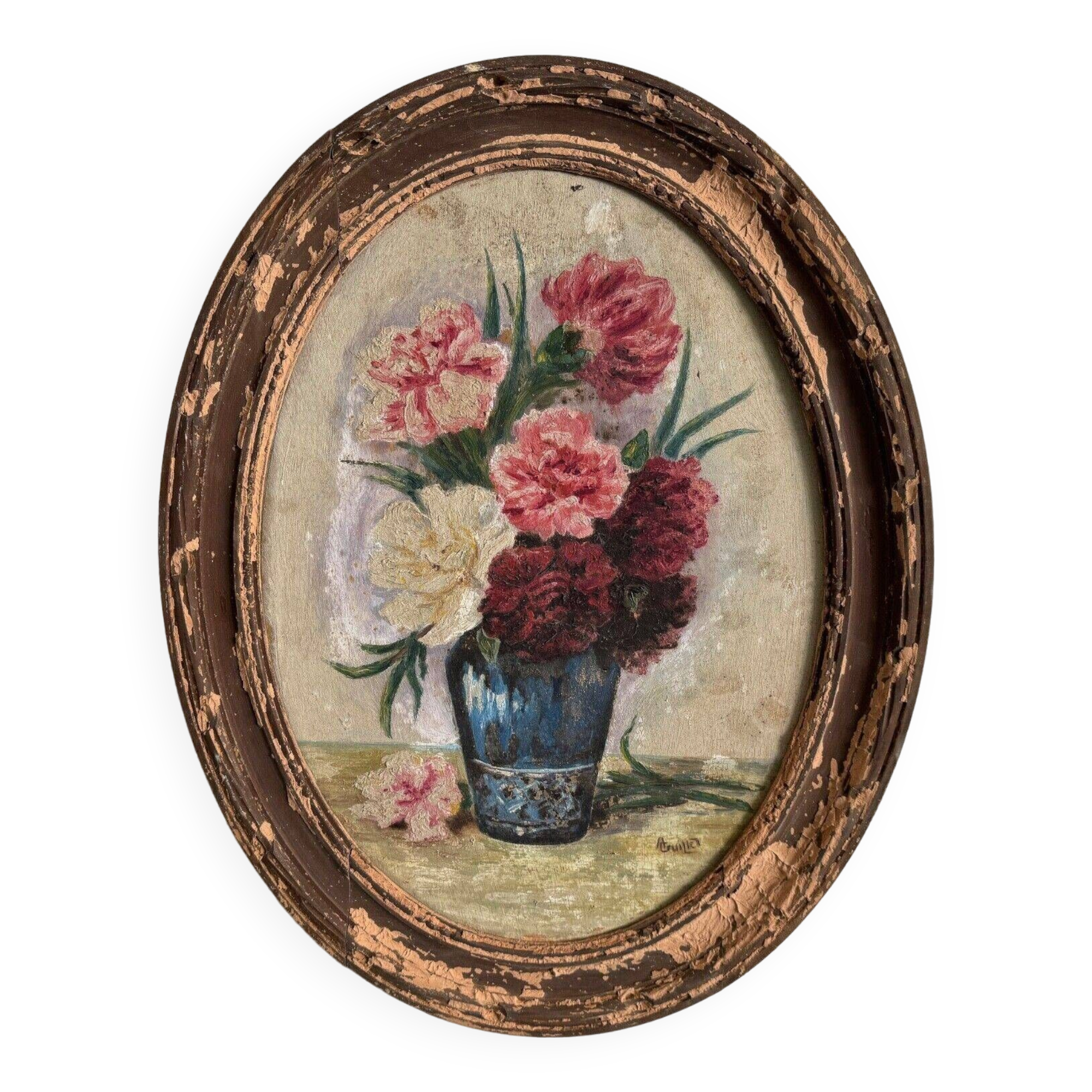 Oil on panel by A. Cruillet still life bouquet of flowers 1920