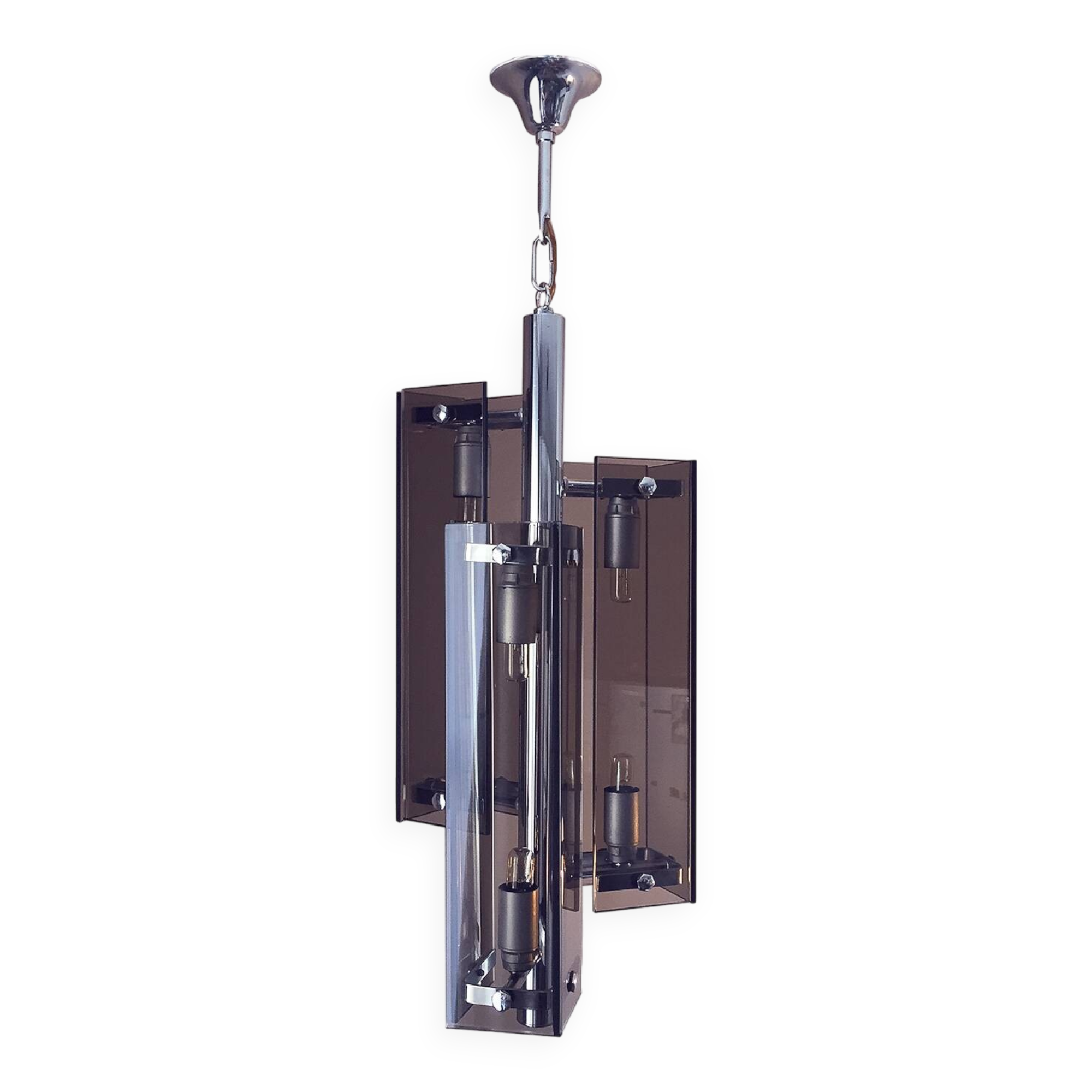 Vintage chrome and smoked glass pendant light 1970