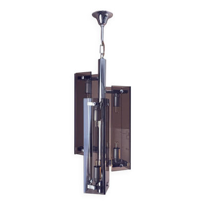 Suspension vintage chrome et verres fumés 1970