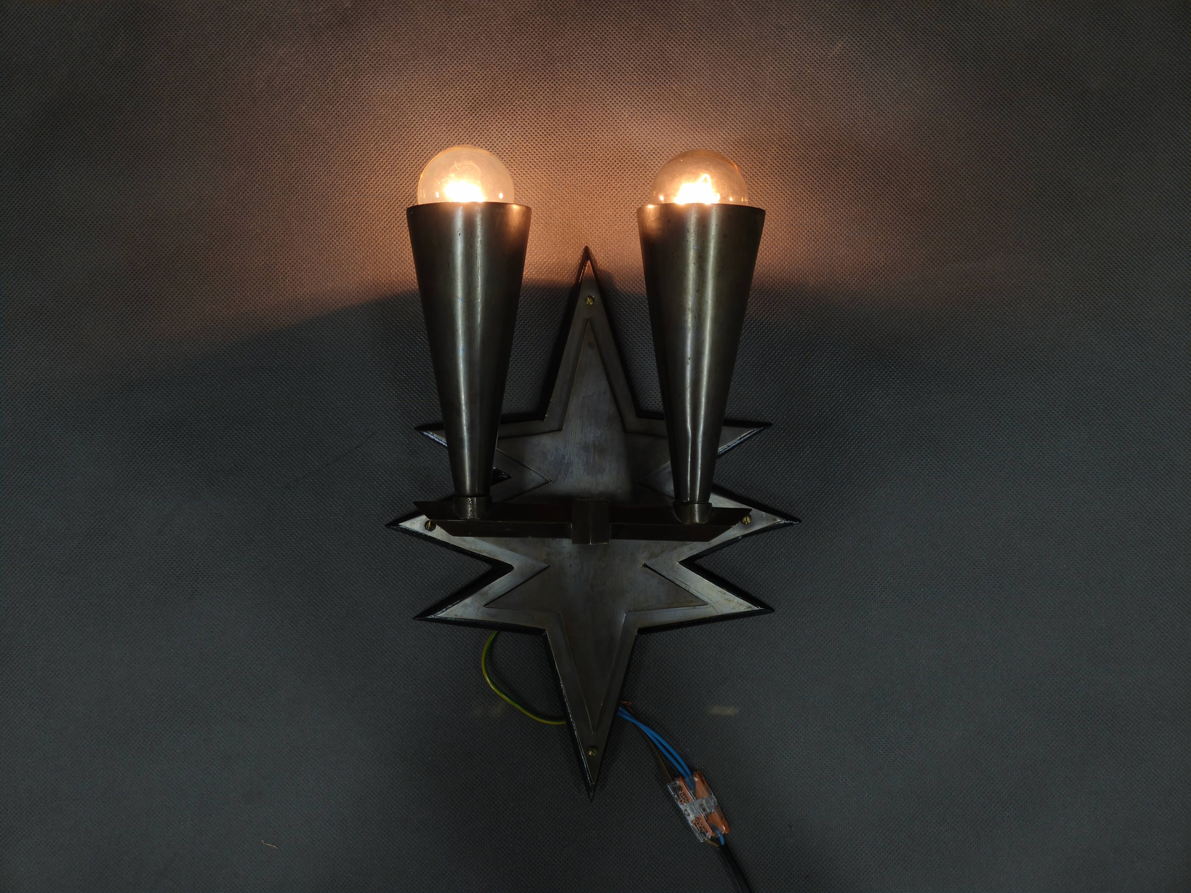 Pair of Czech Cubist Brass Wall Lights, Czechoslovakia, 1920s