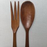 Antique wooden salad servers with earthenware handles, handcrafted