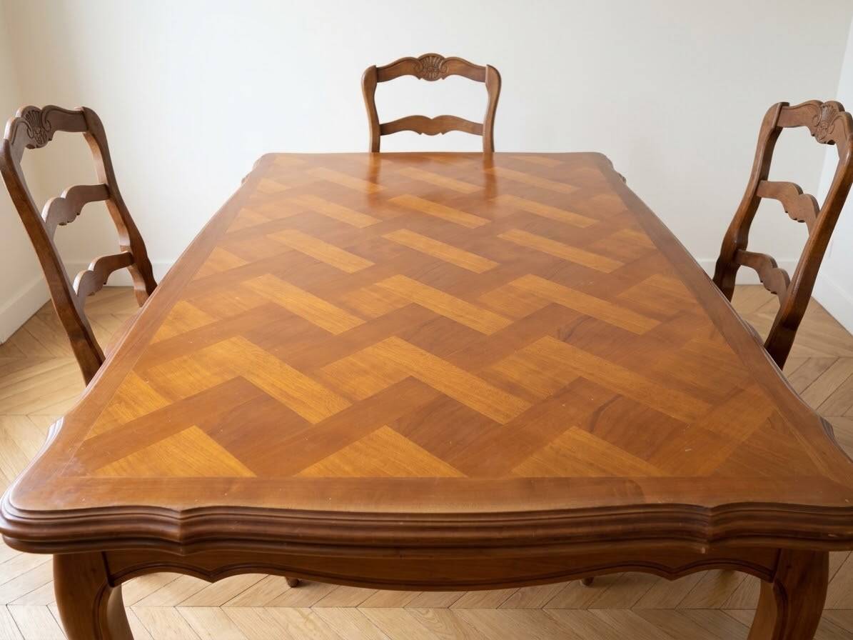 Dining table set with 6 chairs in cherry wood.