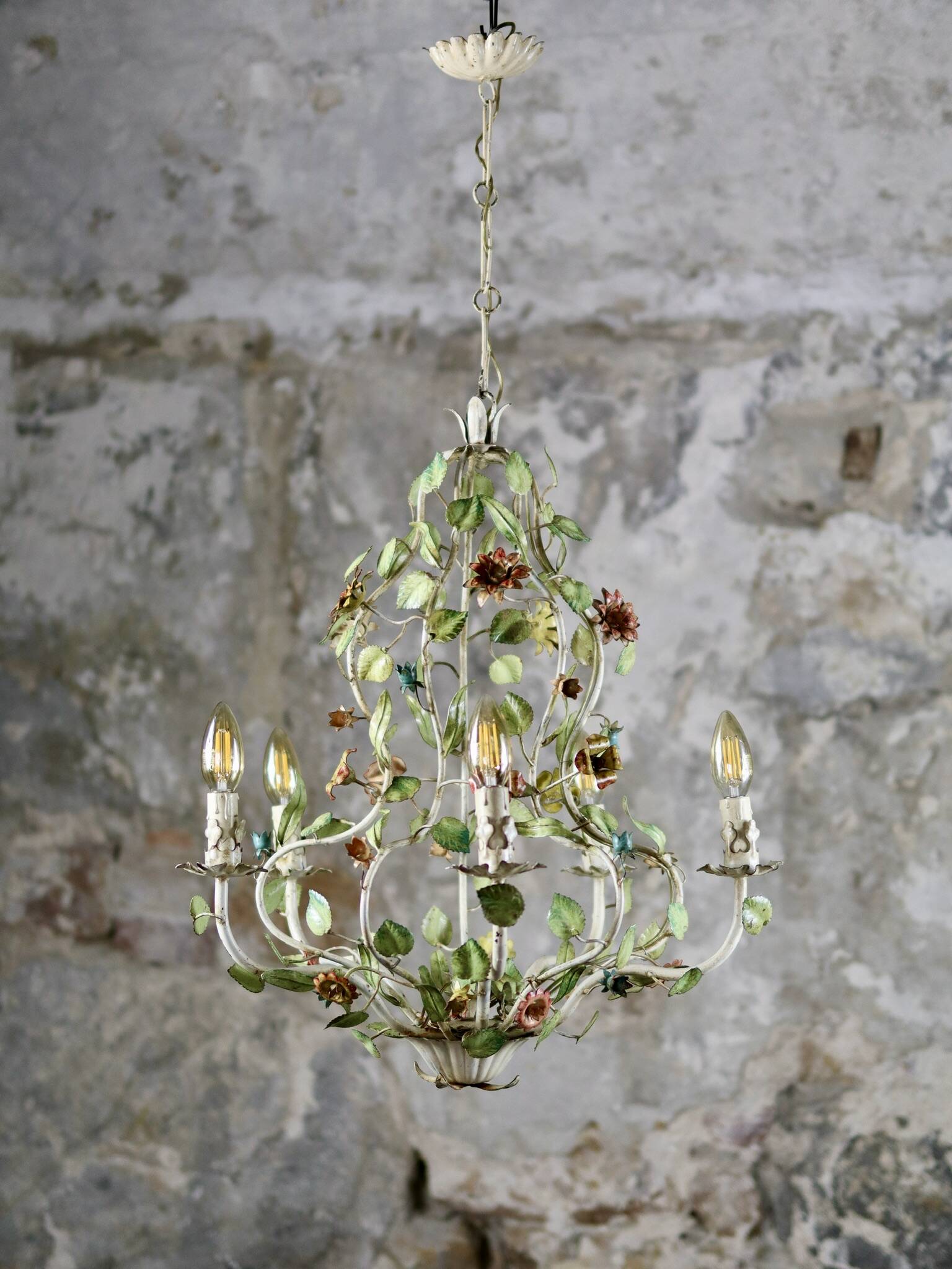 Large flower and leaf chandelier, hand-painted sheet metal, Italy, 1940s