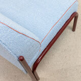 Souvignet armchair reupholstered in sky blue boucle.