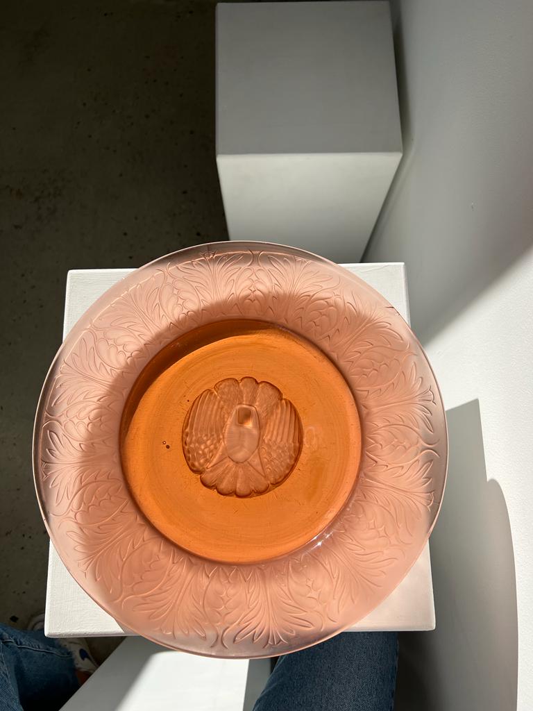 Molded pink glass dish art nouveau patterns D: 31.5cm