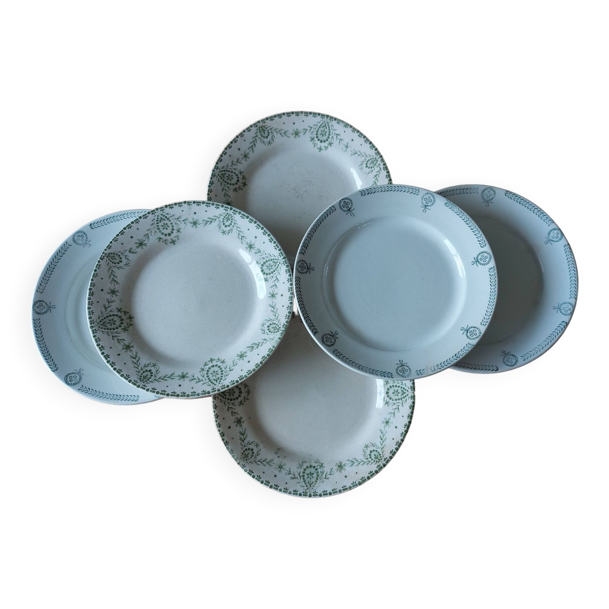 Mismatched set of 6 iron earth dessert plates in green tones