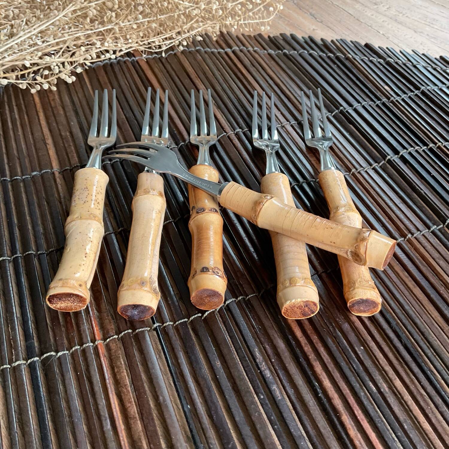 6 small vintage bamboo forks