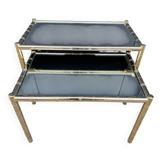 Nested tables with a golden metal frame, bamboo, and mirror from the 1970s.