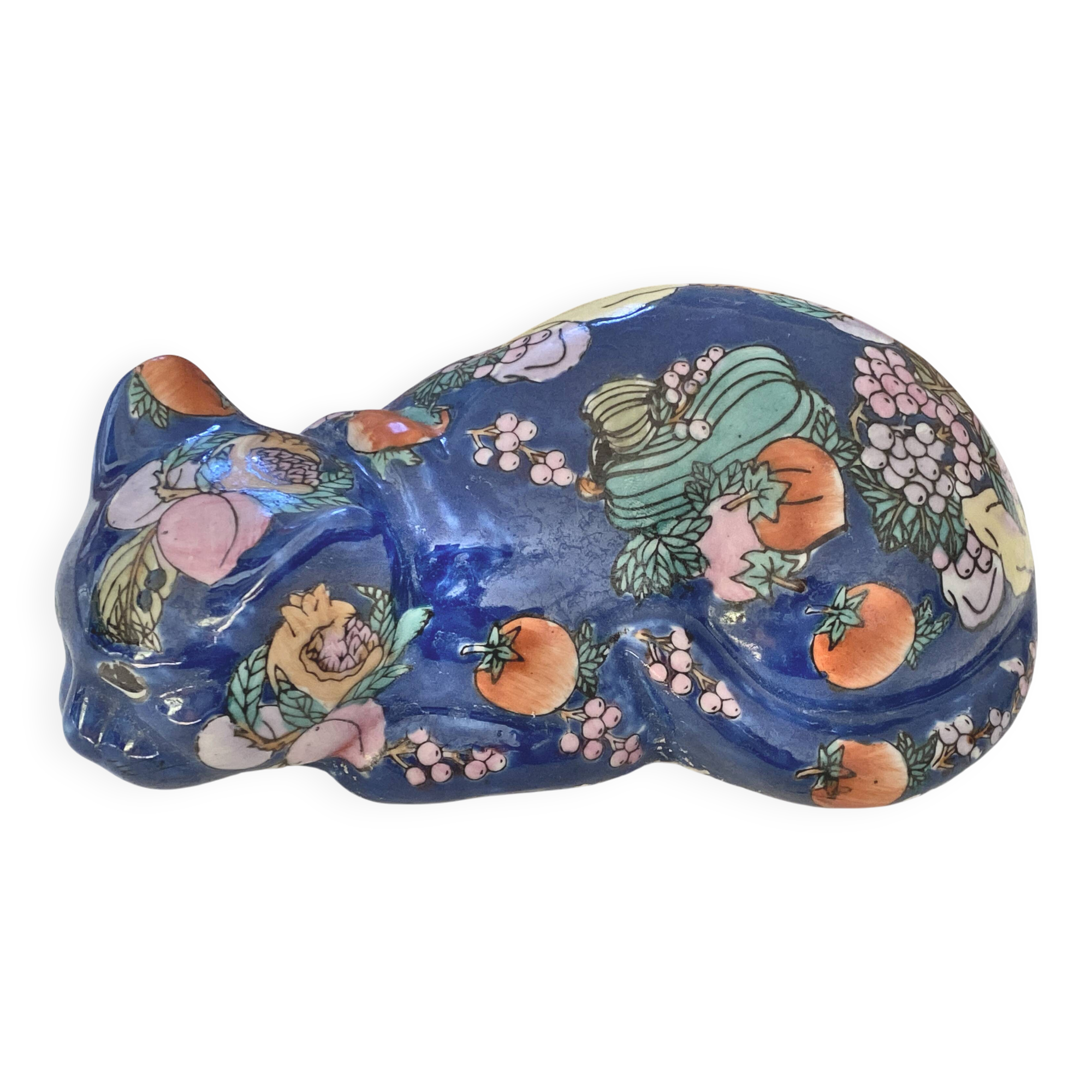 Vintage ceramic cat with fruit decoration