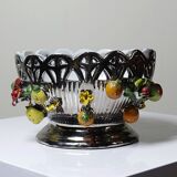 Vintage Italian silver-plated porcelain bowl with cut-out design of fruits and flowers.
