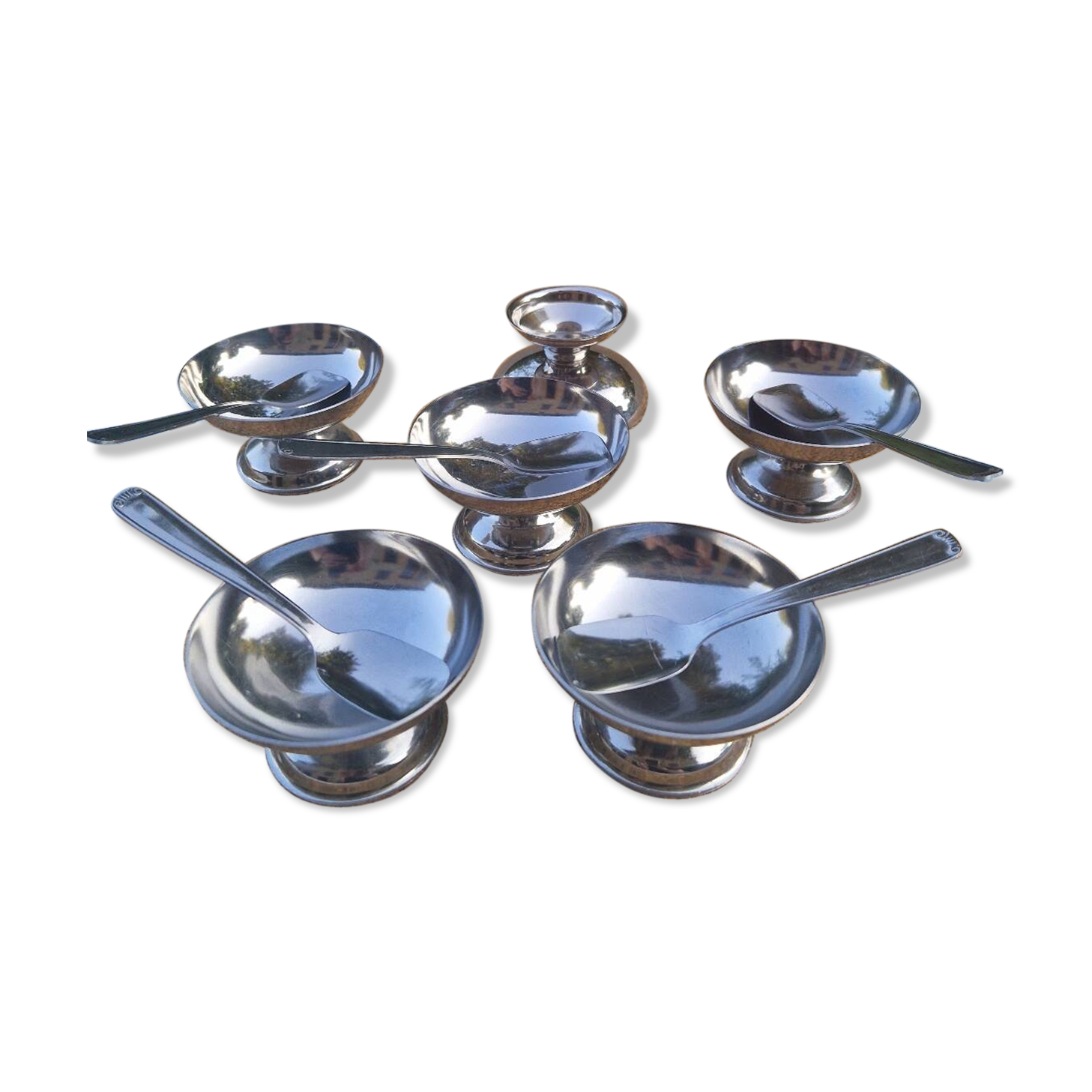 Lot de 6 bols à dessert vintage en acier inoxydable avec 5 cuillères
