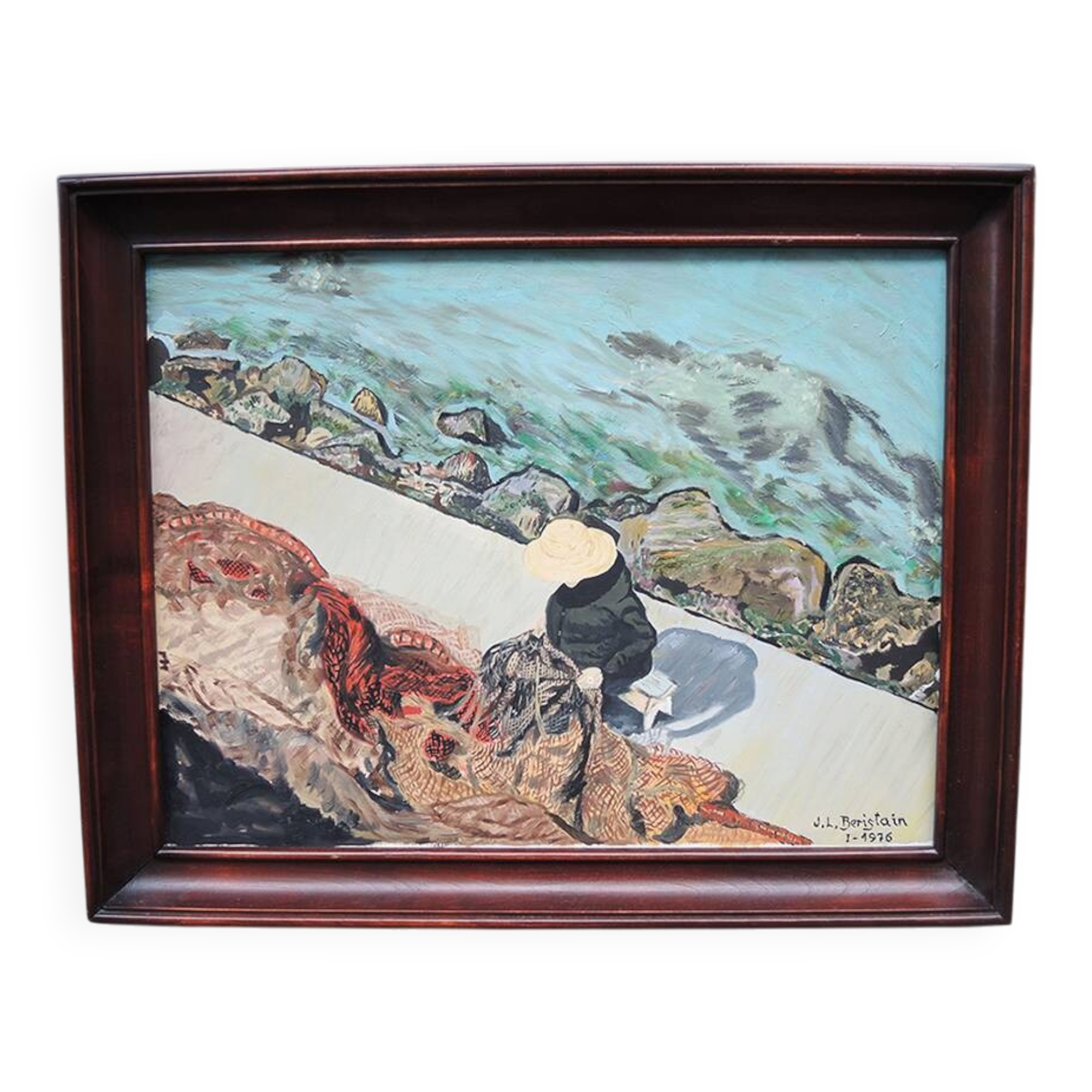 Old oil on canvas painting signed: return from fishing