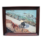 Old oil on canvas painting signed: return from fishing