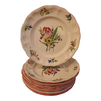 Set of 12 flat plates porcelain Lunéville, flowers (tulip, rose) model Lamppost, early twentieth
