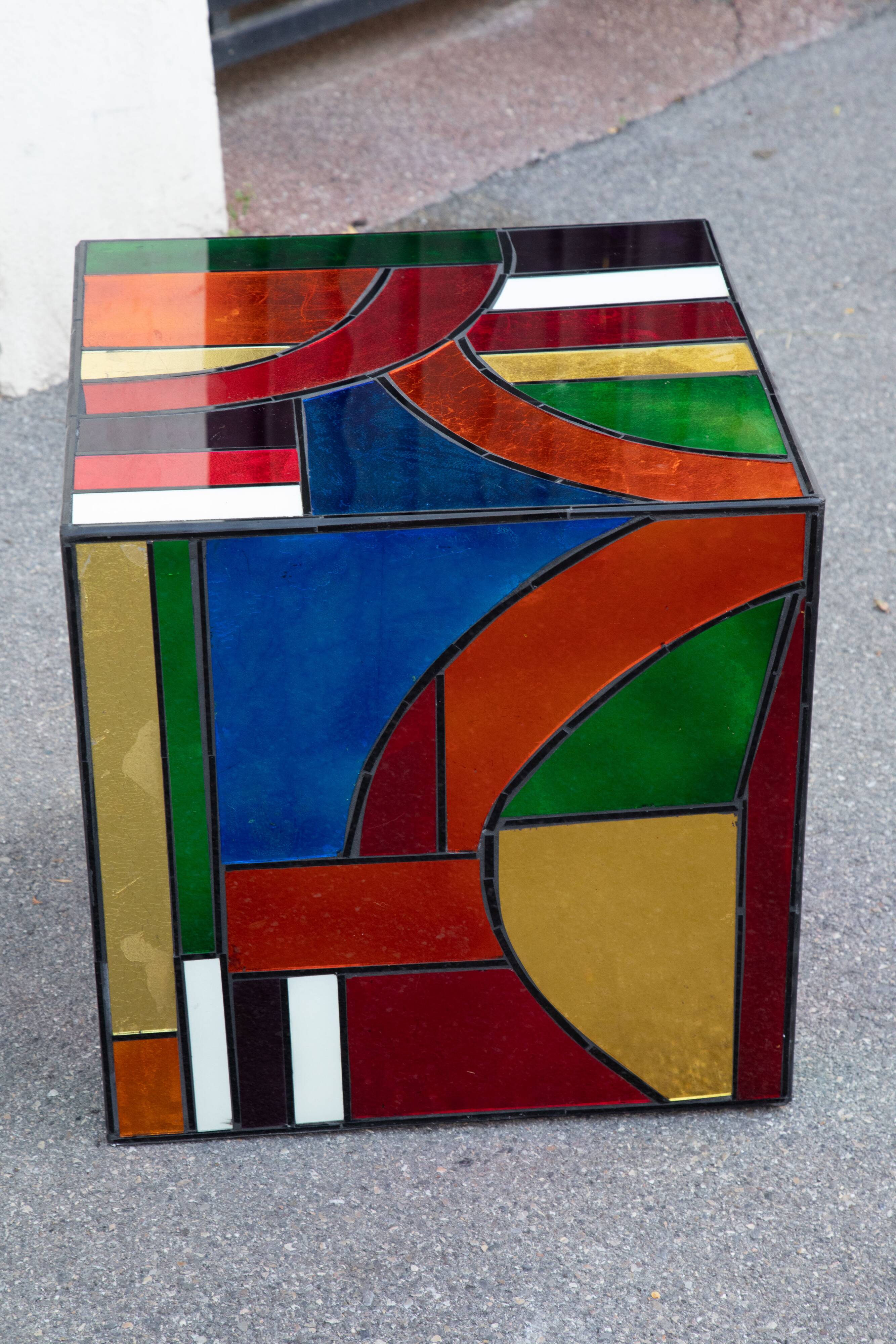 Multicolored stained glass Cube side table 50*50