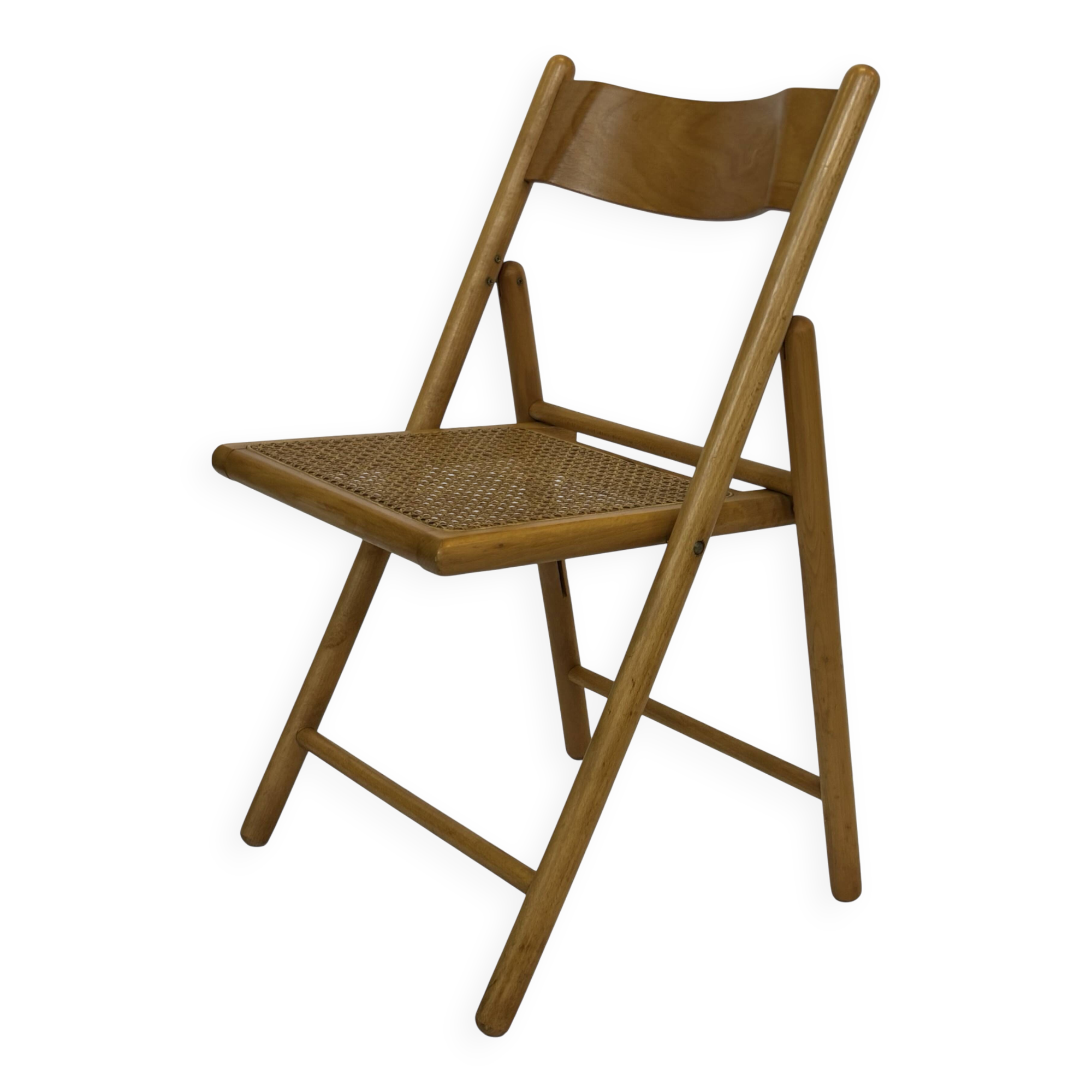 Vintage wooden folding chair with rattan seat 80s minimalist design