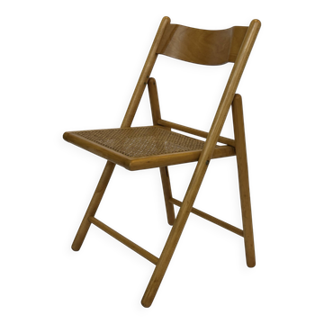 Chaise pliante minimaliste en bois et cannage, années 80