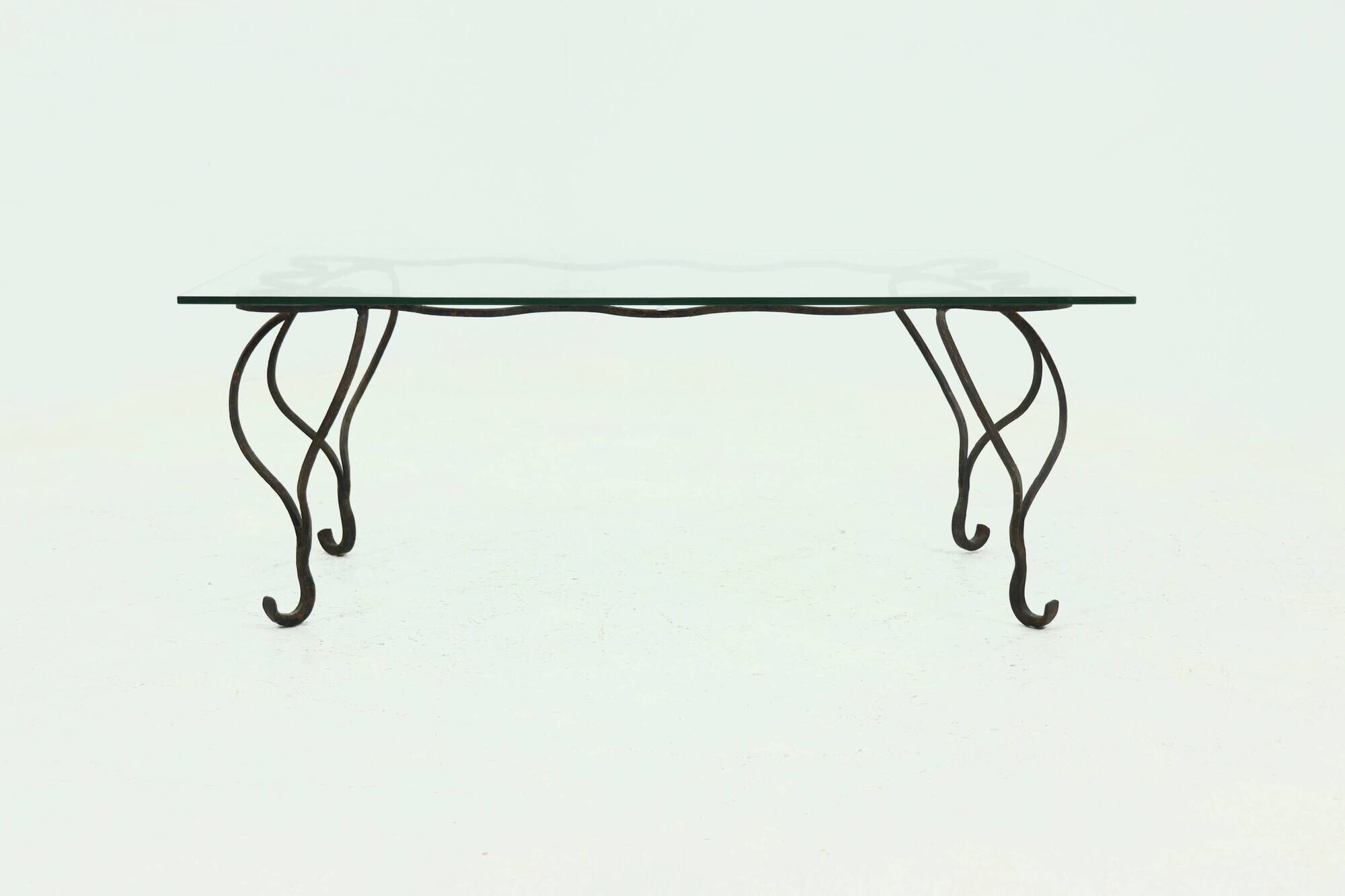 Coffee Table with Decorative Forged Steel Base and Glass Top 1960s