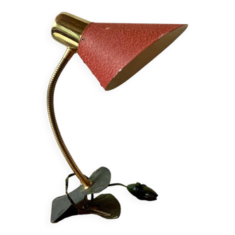 Brass and red painted metal clamp desk lamp - 1950s