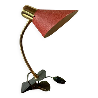 Lampe de bureau à pince en laiton et métal peint rouge - années 50