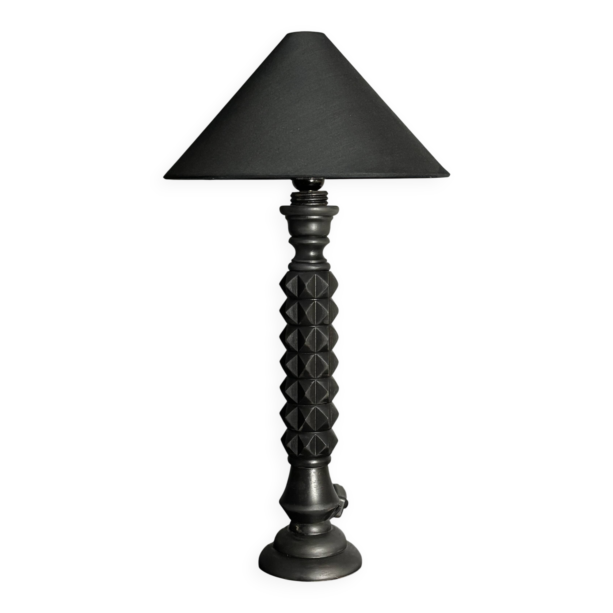 Brutalist wood turned ebonized table lamp in the style of Charles Dudouyt