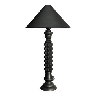 Brutalist wood turned ebonized table lamp in the style of Charles Dudouyt