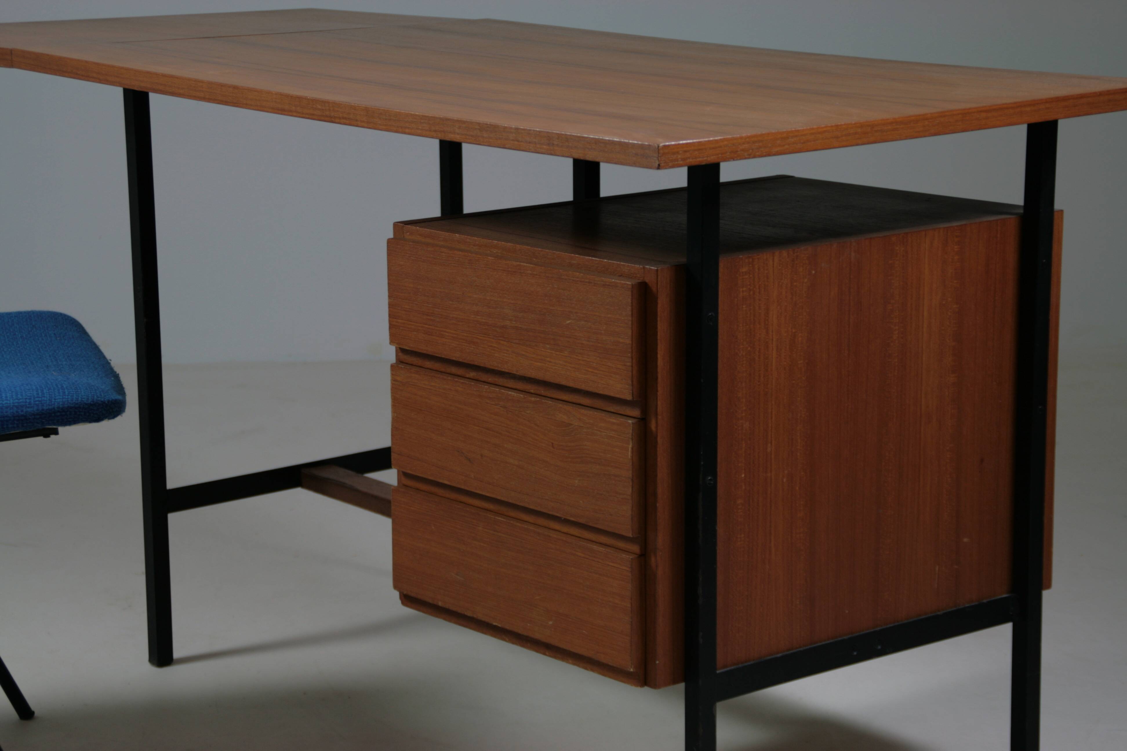 French modernist desk in wood and metal, 1950s
