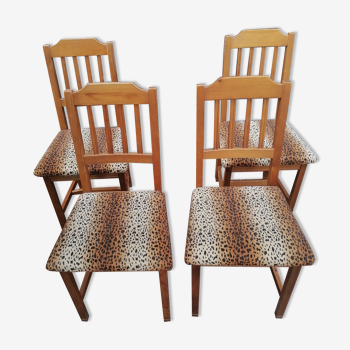 Set de 4 anciennes chaises bois vintage velours léopard guépard