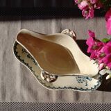 Old gravy boat on frame in terre de fer earthenware by gien, “chardons” model in blue-green