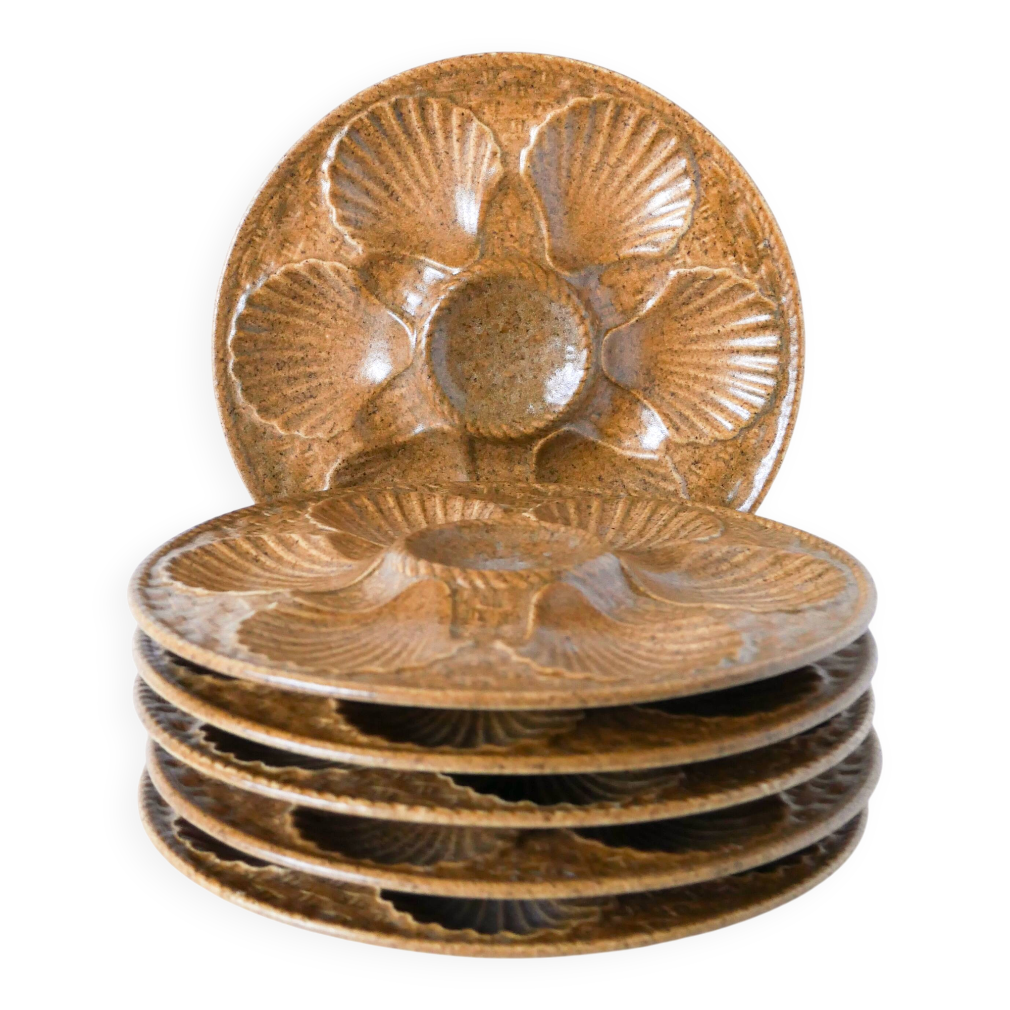 Set of 6 stoneware oyster plates, Beige & Brown, 1970