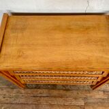 Modernist vintage chest of drawers in light chene has 3 drawers rattan top changing table