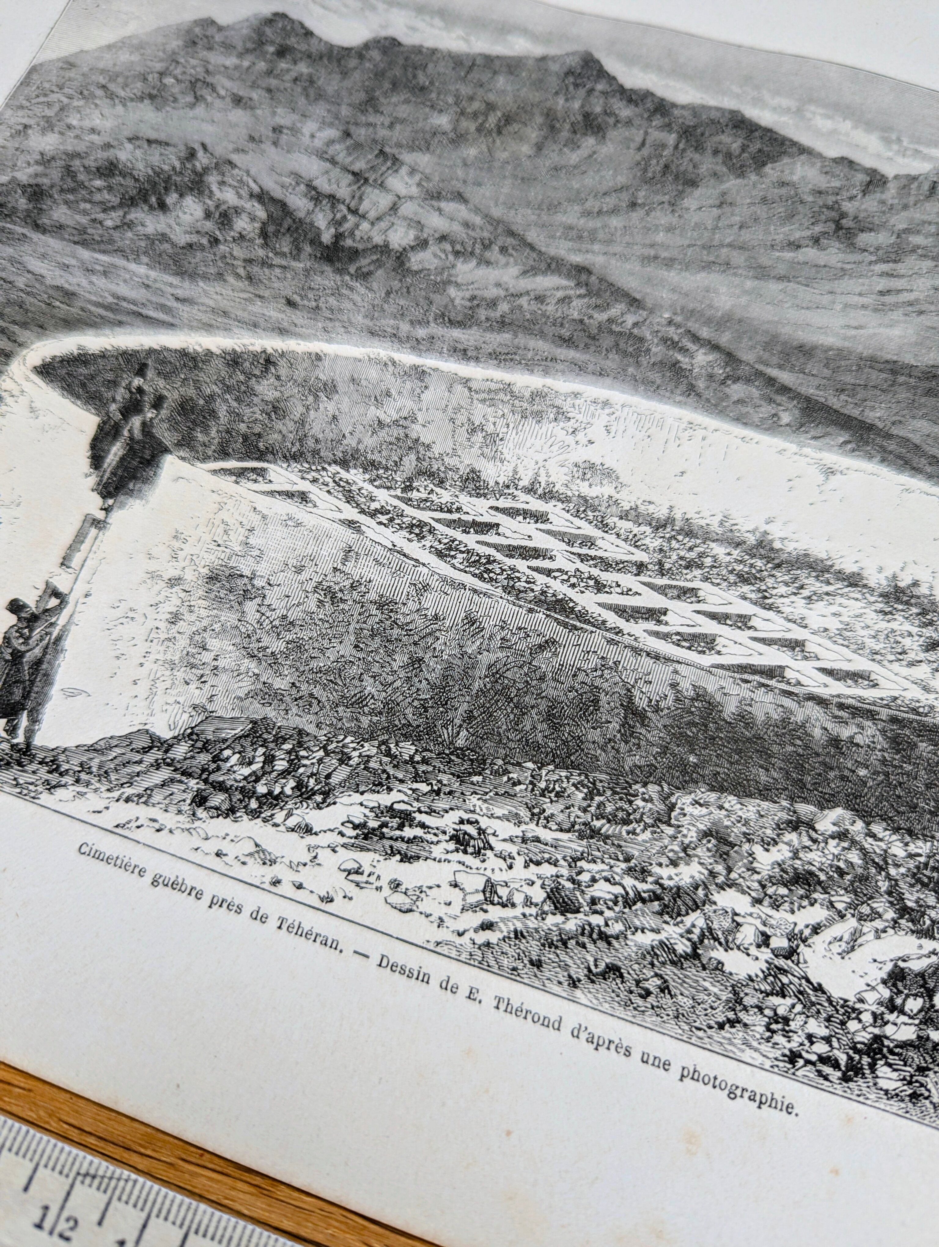 Gheber cemetery near Tehran, Iran. Printed in 1866.