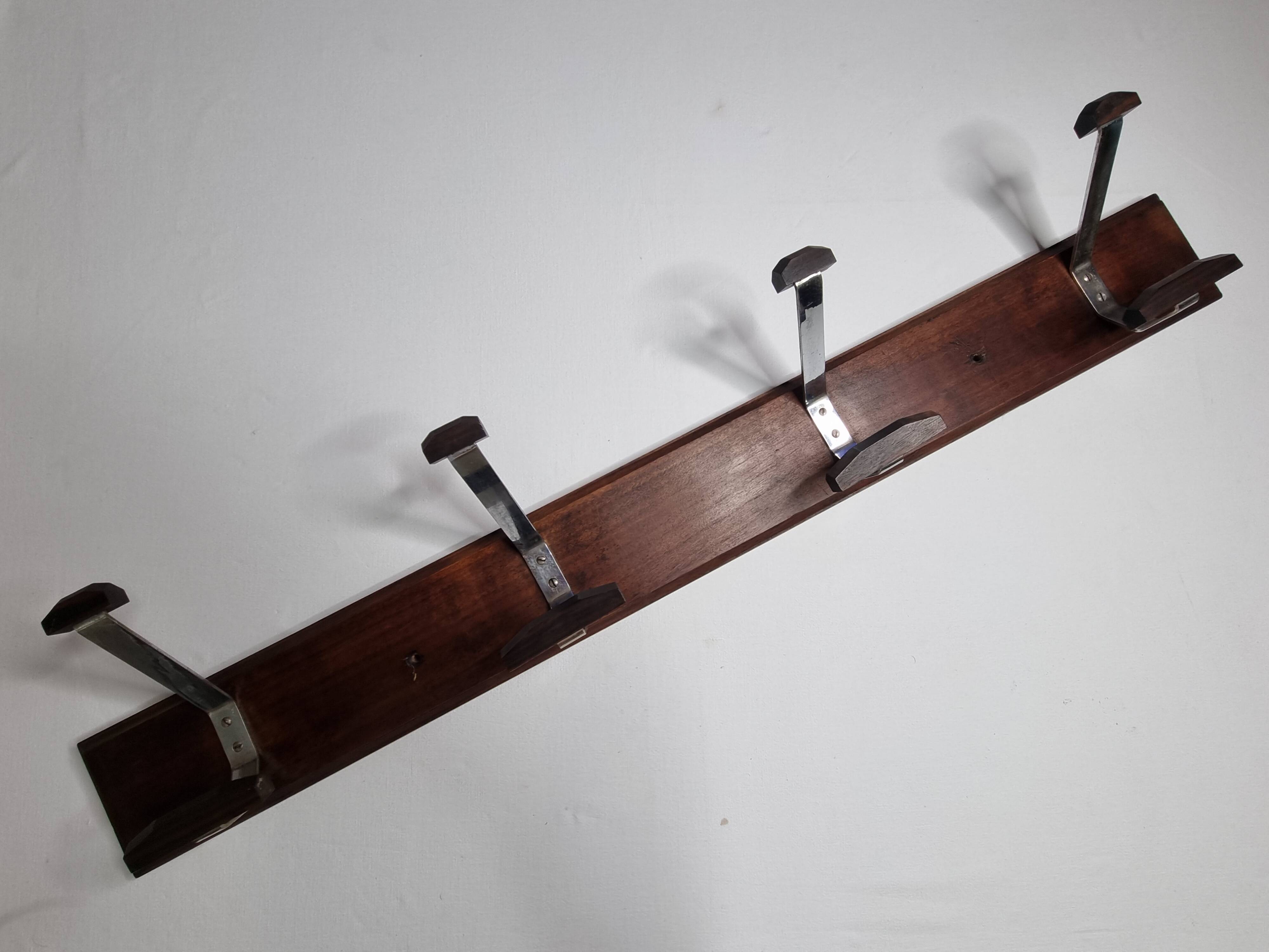 Wall-mounted coat rack in wood and metal, 4 hooks, industrial style, 100 cm