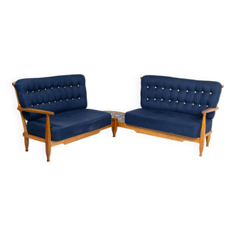 Large corner fan-shaped bench in oak, Guillerme and Chambron, 1970s