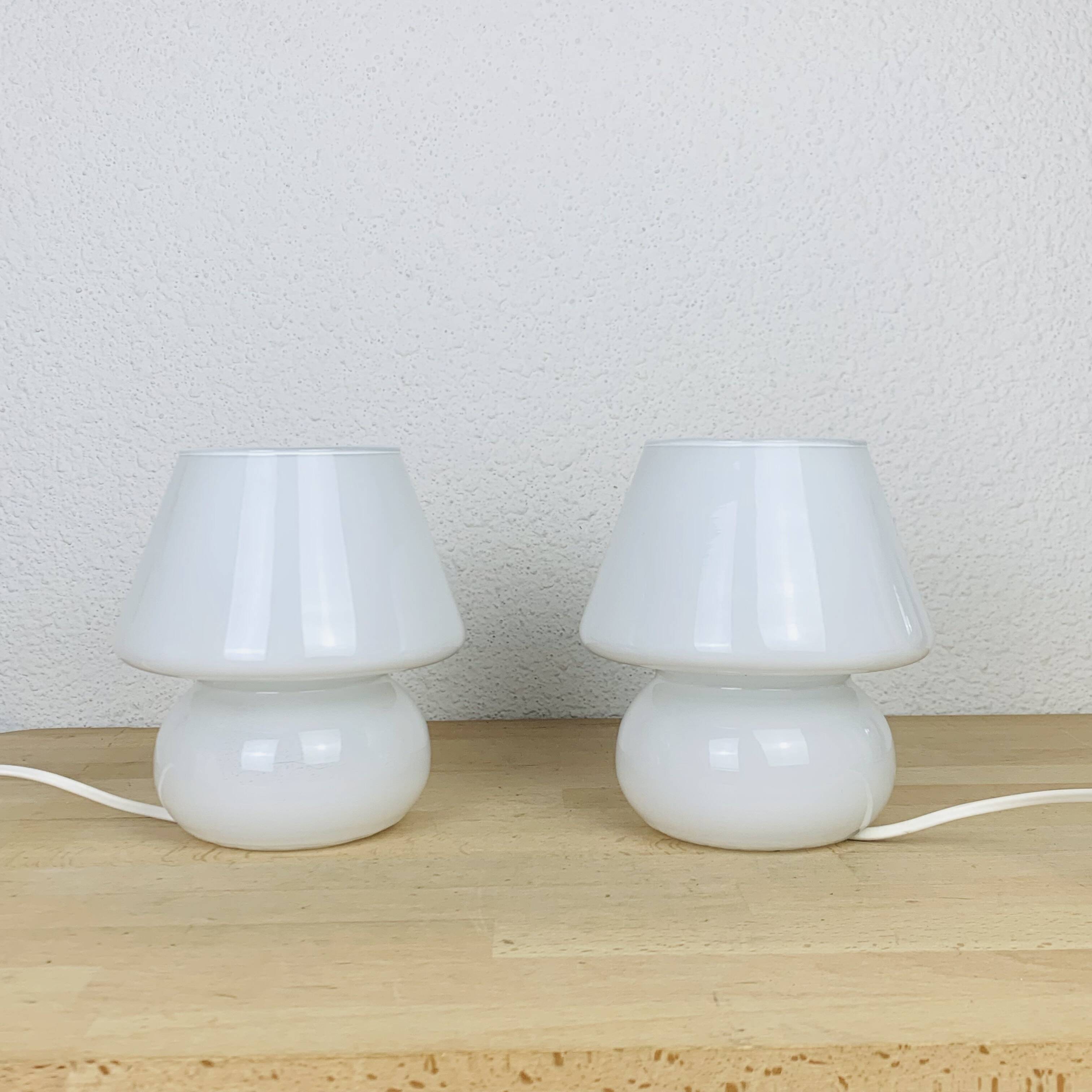 Pair of white opaline mushroom lamps