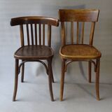 Set of 36 mismatched Bistrot chairs, 1920 to 1950, wooden seats.